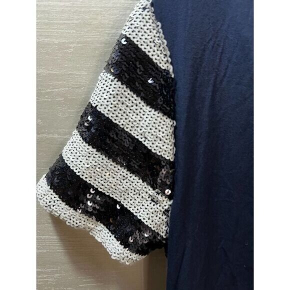 Hilfiger Denim Black & White Sequin Striped Short Sleeve Mini Dress With Back Zi - Picture 5 of 8